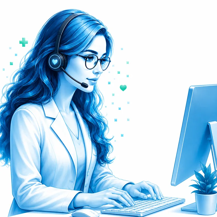 Salma typing at the clinic computer, booking an appointment